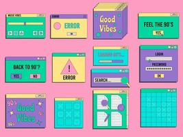 Set of vaporwave UI and UX elements. PC retro game frame. Nostalgic style 70s, 80s, 90s. vector