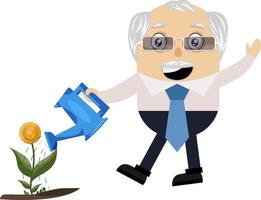 Old man watering plant, illustration, vector on white background.