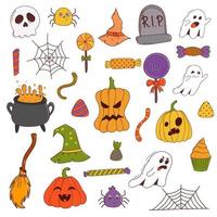 Funny halloween set pumpkin, ghost, witch hat, bat, sweets, spider, broom. Trick or treat concept. Vector illustration in hand drawn style