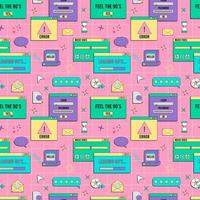 Vaporwave UI and UX elements seamless pattern. PC retro game frame. Nostalgic style 70s, 80s, 90s. vector