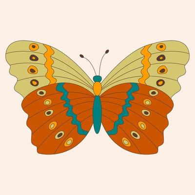 Retro 60s 70s hippie groovy butterfly for cards, stickers or poster design. Flat vector illustration