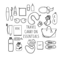 conjunto de artículos de vacaciones de viaje aislado sobre fondo blanco doodle vector