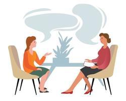 Two women sit on the armchairs and talk about something. Psychotherapist has a session with her patient. Business interview and Conversation concept. vector