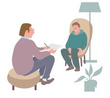 Psychotherapist talk and help patient with mental problems. Concept of psychological help, healthcare, consulting with psychologist. Vector illustration