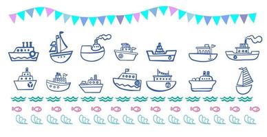 Ships and boats set. fish, festive flags Vector illustration