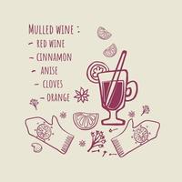 Sketch Mulled Wine Recipe. For food background and recipe card. vector