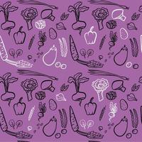 Seamless pattern with hand drawn vegetables on violet background. Flat pepper, tomato, leek, broccoli, garnet, cucumber. Vegetarian healthy food vector texture. Vegan, farm, organic, detox
