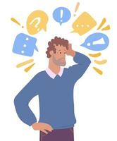 Puzzled man looking for problem solution. Thoughtful man. Young man thinking or solving problem, surrounded by thought bubbles, question marks. Flat cartoon vector illustration.