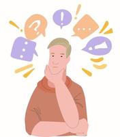 Puzzled man looking for problem solution. Thoughtful man. Young man thinking or solving problem, surrounded by thought bubbles, question marks. Flat cartoon vector illustration.