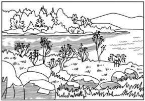 Coloring book . Lovely landscape, river, rocks and forest. Vector art line background.