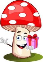 Mushroom with gift, illustration, vector on white background.