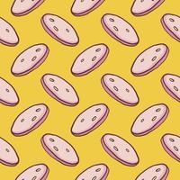 Sausage slices, seamless pattern on yellow background. vector