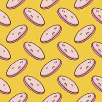 Sausage slices, seamless pattern on yellow background. vector