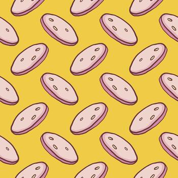 Sausage slices, seamless pattern on yellow background. vector