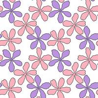 patrón vectorial sin costuras con flor de primavera de pétalos rosas y violetas, dibujo de flora abstracta de ilustración sobre fondo blanco para la impresión de textiles de tela de moda, papel tapiz y envoltura de papel vector