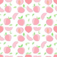 Fruta de melocotón rosa pastel y hojas de patrones sin fisuras vectoriales, dibujo de ilustración de frutas de color dulce sobre fondo blanco para impresión textil de tela de moda, papel pintado y envoltura de papel vector