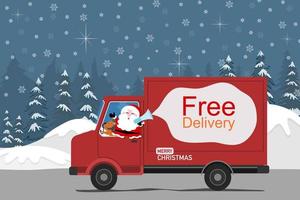 Santa Claus on red truck delivery goods, reindeer a driver on Christmas and new year holiday, with texts Free delivery on white cloud shape, forest pine trees with snow snowflakes on background vector