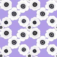 Vector seamless pattern with white petal Anemone spring flower blossom, illustration abstract flora drawing on violet background for fashion fabric textiles printing, wallpaper and paper wrapping