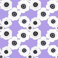 Vector seamless pattern with white petal Anemone spring flower blossom, illustration abstract flora drawing on violet background for fashion fabric textiles printing, wallpaper and paper wrapping