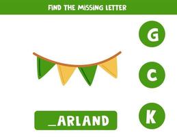 Find missing letter with garland with flags. Spelling worksheet. vector