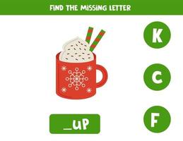 Find missing letter with cute red cup. Spelling worksheet. vector