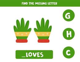 Find missing letter with winter gloves. Spelling worksheet. vector