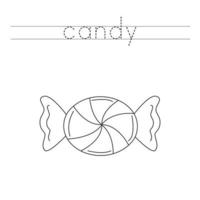 Trace the letters and color cartoon candy. Handwriting practice for kids. vector