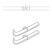 Trace the letters and color cartoon ski. Handwriting practice for kids. vector