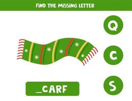 Find missing letter with winter scarf. Spelling worksheet. vector