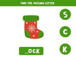 Find missing letter with Christmas stocking. Spelling worksheet. vector