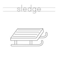 Trace the letters and color cartoon sledge. Handwriting practice for kids. vector