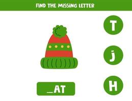 Find missing letter with winter hat. Spelling worksheet. vector