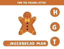 Find missing letter with cute gingerbread man. Spelling worksheet. vector