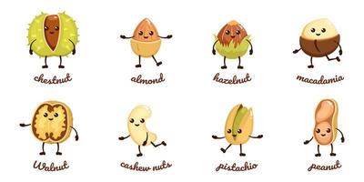 Nuts cartoon characters. Vector kawaii food illustration. Pistachio and peanut with eyes and handles. Smiling macadamas with chestnut