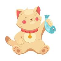 Good luck Maneki-neko cat with fish in its paw and bell around its neck. vector
