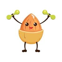 Almond kawaii goes in for sports. Nut emoji holds hands up with dumbbells. Food character vector