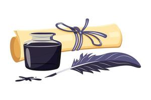 Scroll of old parchment with inkwell and quill. Folded sheet of paper tied with ribbon. vector