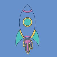 Bright space doodle sticker. Rocket isolated on white background. Gradient pink, orange, blue neon color astronomical object. Spaceship symbol of travel, education. Vector science cute illustration