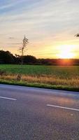 coucher de soleil magnifique et romantique sur un champ aux superbes couleurs jaune et orange. video