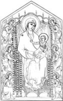 The Madonna Enthroned can be found in the Rucellai Chapel in Florence, vintage engraving. vector