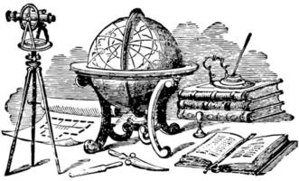 Globe or multiple instruments used for navigation, vintage engraving. vector