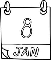 calendario dibujado a mano en estilo doodle. 8 de enero día, fecha. icono, elemento adhesivo para el diseño. planificación, vacaciones de negocios vector