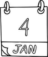 calendar hand drawn in doodle style. January 4. World Braille Day, Newton, National Spaghetti, date. icon, sticker element for design. planning, business holiday vector