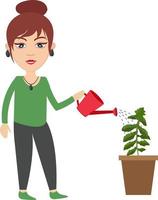 Woman watering plant, illustration, vector on white background.