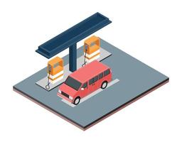 Isometric Gas filling station Vector flat illustration of oil service for with shop elements and background