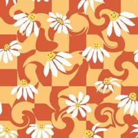 Retro Smile Chamomile Seamless Pattern on 1970 Wavy Swirl Seamless Pattern. Hippie Aesthetic. vector