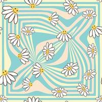 Retro Smile Chamomile Seamless Pattern on 1970 Wavy Swirl Seamless Pattern. Hippie Aesthetic. vector