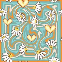 Retro Smile Chamomile Seamless Pattern on 1970 Wavy Swirl Seamless Pattern. Hippie Aesthetic. vector