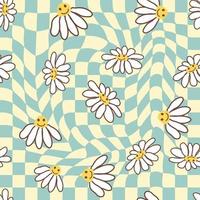 Retro Smile Chamomile Seamless Pattern on 1970 Wavy Swirl Seamless Pattern. Hippie Aesthetic. vector