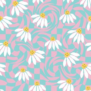 patrón sin costuras de manzanilla de sonrisa retro en 1970 patrón sin costuras de remolino ondulado. estética hippie. vector